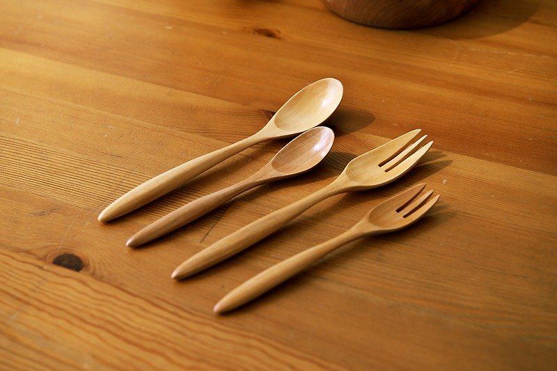 Moment木們-原木-日式風格下午茶-叉勺兩入組(大、小組合) 餐具組 - Cutlery & Flatware - Wood Gold