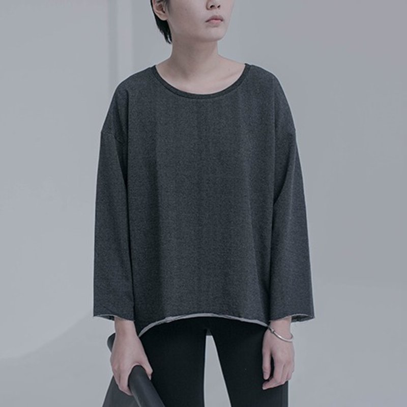 ファンタタ元の独立した設計|春と秋、ブルーグレーの二色の綿緩いミニマリストバージョンで作られた肩引き裂かれたエッジカジュアルラウンドネック長袖セーターダウンスピードティーンエイジャーのような[ダークグレー] - トップス - コットン・麻 グレー