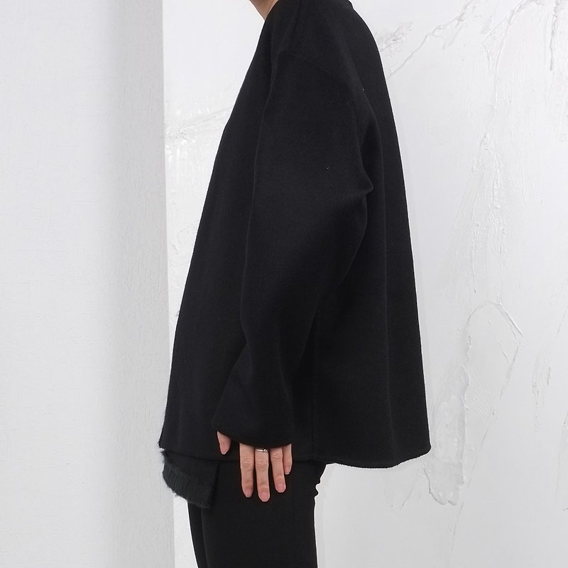 杲果/GAOGUO原創設計師女裝品牌 不對稱黑羊毛雙面呢短呢上衣外套 - 外套/大衣 - 其他材質 黑色