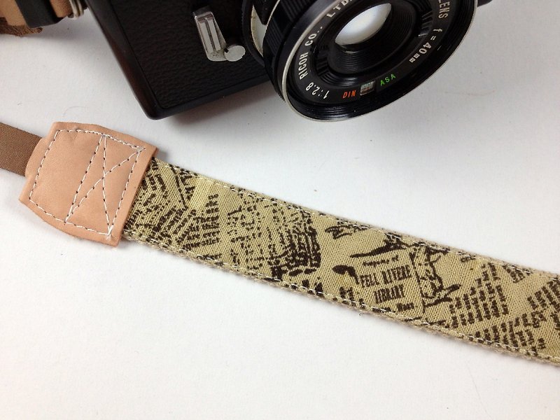 Hand made monocular camera strap decompression class monocular camera back rope ---Vintage Newspaper text--- Brown - Camera Straps & Stands - Cotton & Hemp Brown