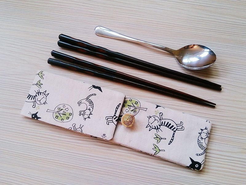 棉麻布 環保筷子套 雙層筷子袋 陶氣貓咪 雙筷套組 - 筷子/筷子架 - 其他材質 