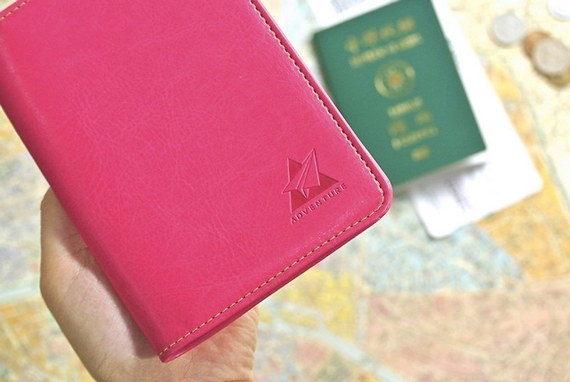 多機能 多収納 パスポート ケースカバー Adventure ピンク - パスポートケース - 革 レッド