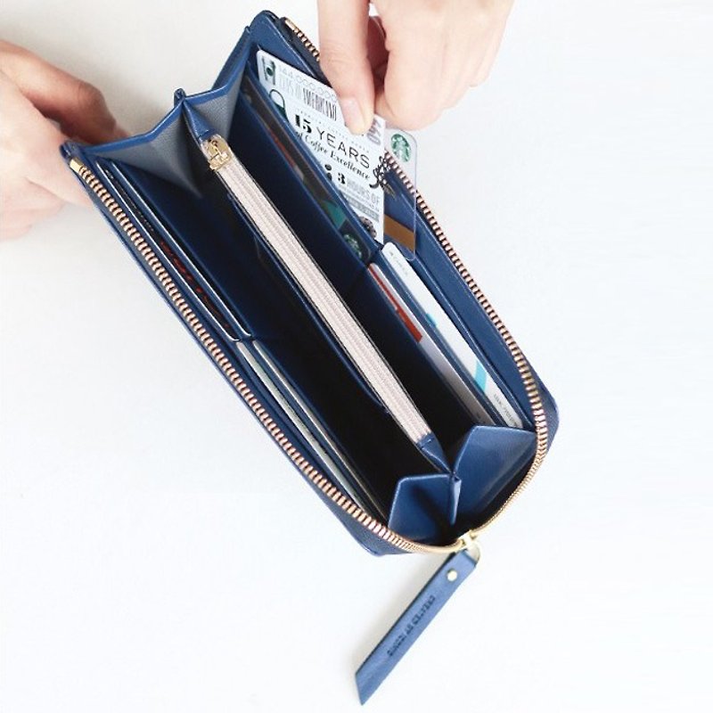 Dessin x Iconic-Zipup modern riveting deduction zipper long wallet (L) V3- navy, ICO82644 - กระเป๋าสตางค์ - หนังแท้ สีน้ำเงิน