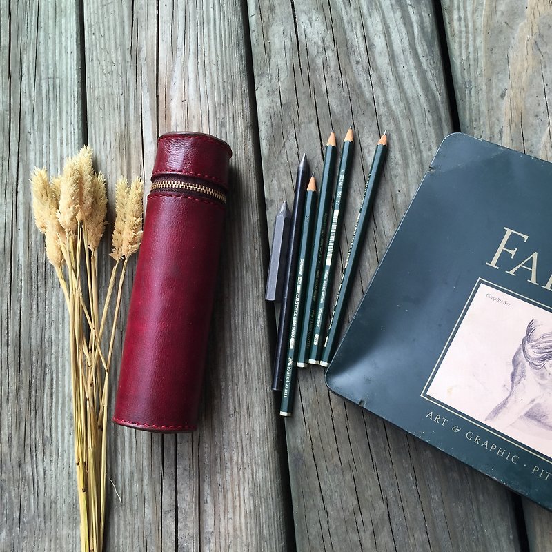 Cylinder vegetable tanned leather pencil case / Pen pouch - Burgundy color - Pencil Cases - Genuine Leather Red