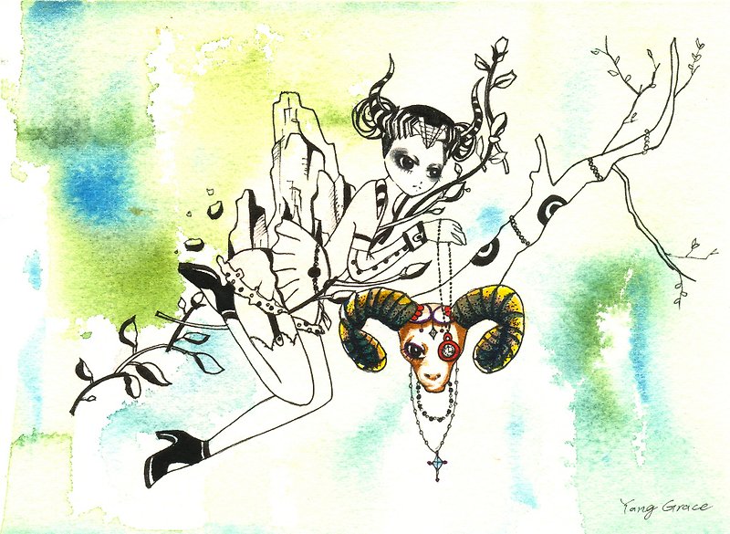 「黃道十二宮-牡羊座」純手繪單張限量插畫設計明信片 - การ์ด/โปสการ์ด - กระดาษ สีเขียว