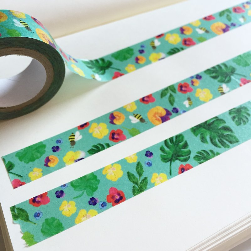 Monstera Leaves Washi Tape, Pansy and Bees Teal Masking Tape, Watercolor Tropical Flower, Floral Tape - มาสกิ้งเทป - กระดาษ สีน้ำเงิน