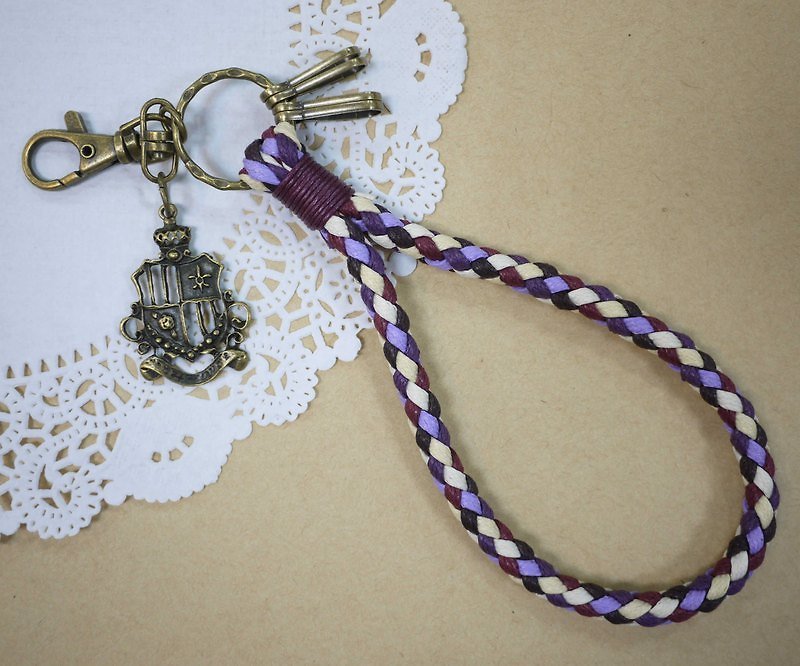 ~M+Bear~ Vintage woven key ring, Wax thread woven key ring (four-strand side: purple) - Other - Cotton & Hemp Purple
