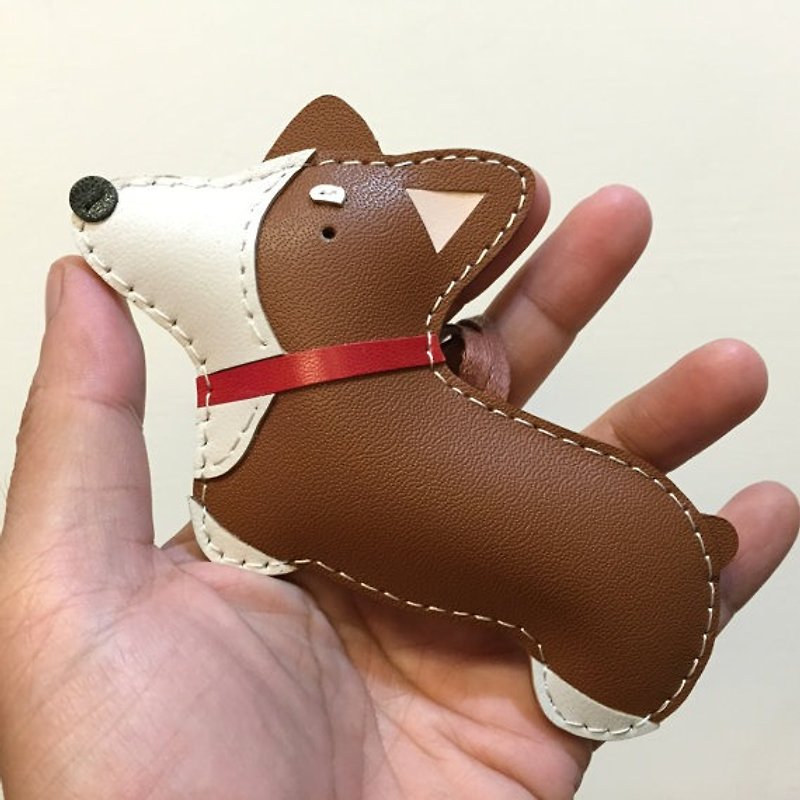 Taiwan} {Leatherprince handmade leather brown MIT can Aike Ji hand sewn leather strap / Nana the Corgi cowhide leather charm in Brown (Big size / large size) - Keychains - Genuine Leather Brown