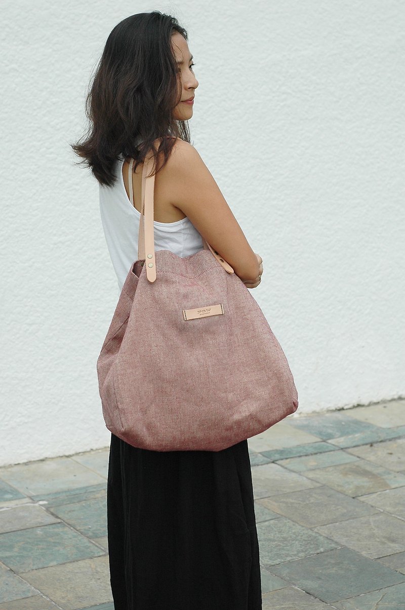 Tote bag - shoulder bag - red and white linen - Messenger Bags & Sling Bags - Cotton & Hemp Red