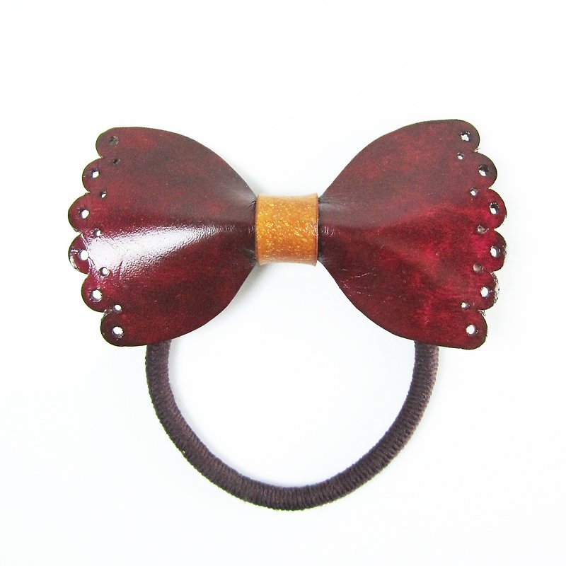 手工造型皮革蕾絲 蝴蝶結 髮圈 / 髮束 / 髮繩 - 紅茶色 - 髮夾/髮飾 - 真皮 紅色