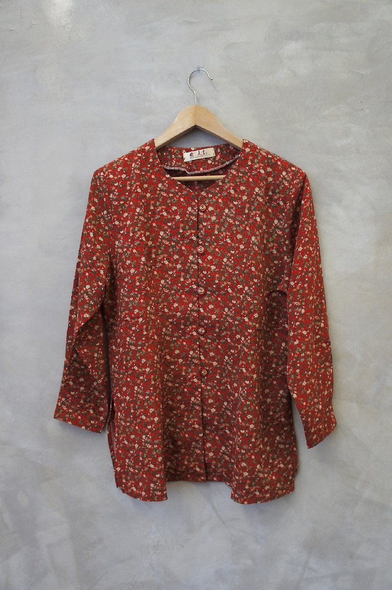 PdB vintage red chiffon cardigan small flower print shirt - เสื้อเชิ้ตผู้หญิง - วัสดุอื่นๆ สีแดง