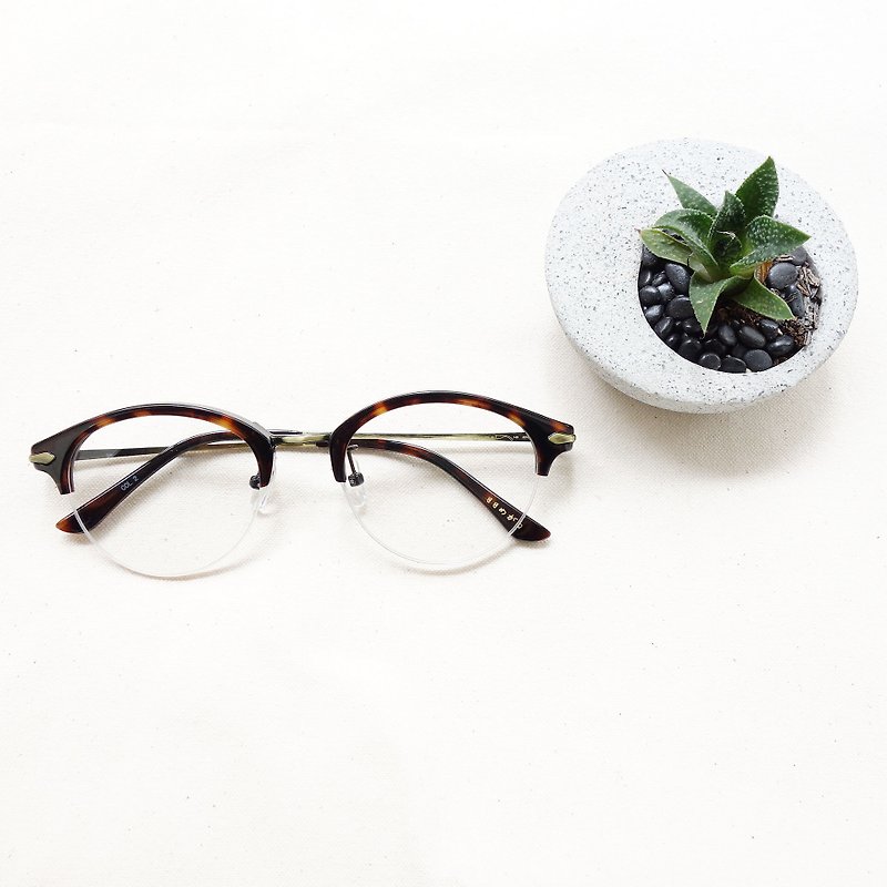 復古半框眉框 玳瑁髮絲古銅 - 眼鏡/眼鏡框 - 塑膠 咖啡色