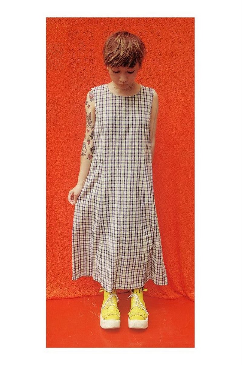 Three-dimensional wrinkled blue-green gingham dress retro vintage - dislocation vintage - - ชุดเดรส - วัสดุอื่นๆ สีน้ำเงิน