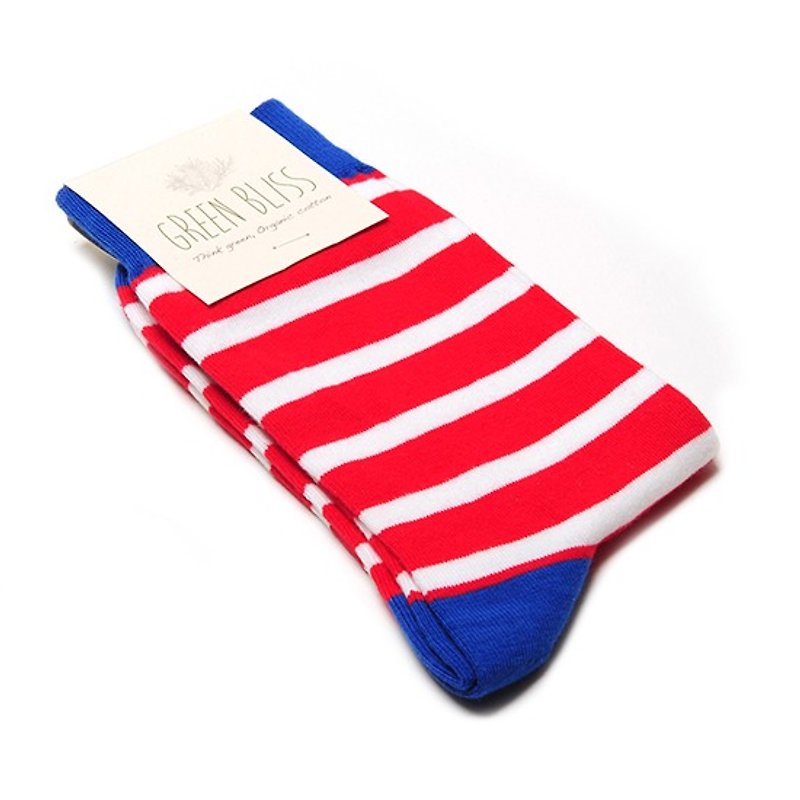 GREEN BLISS Organic Cotton Socks - Striped Pattern Cyclamen Blue White White Striped Socks (Men / Women) - ถุงเท้า - ผ้าฝ้าย/ผ้าลินิน สีแดง
