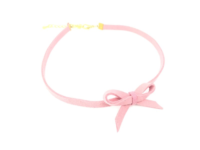 Handmade necklace with pink bow - สร้อยคอ - หนังแท้ สึชมพู