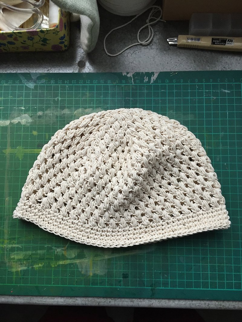 手工編織純棉線圓帽 - 帽子 - 其他材質 白色