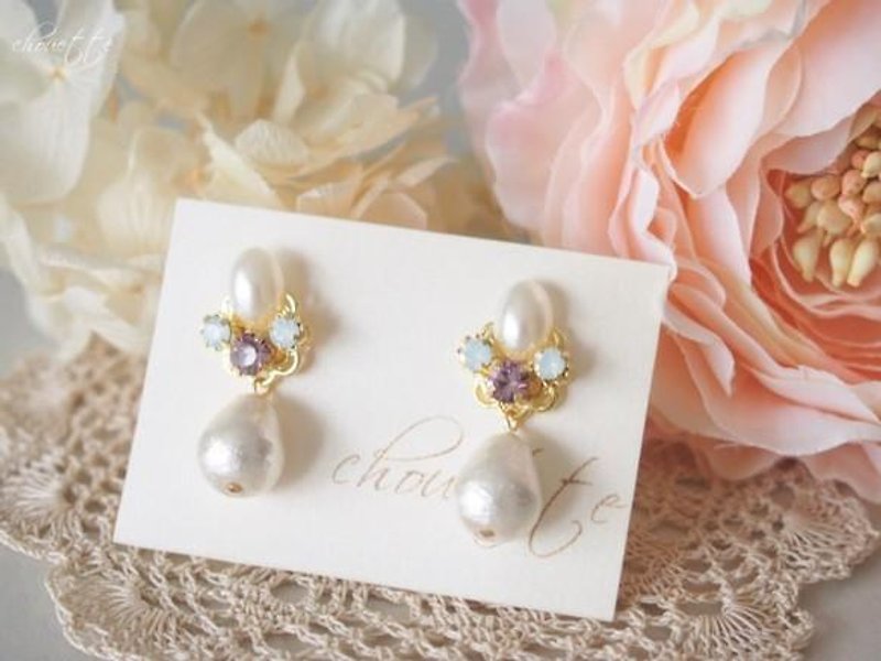 Cotton Pearl Bijou Earrings (Light Amethyst) - ต่างหู - โลหะ 
