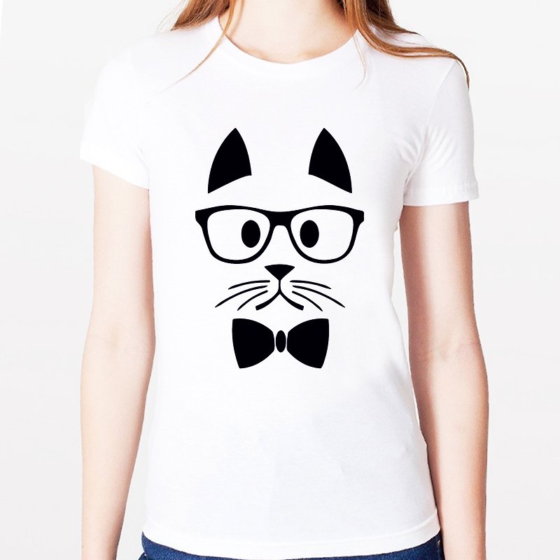 Hipster Cat女生短袖T恤-2色 貓 鬍子 鬍鬚 復古 眼鏡 文青 藝術 設計 時髦 動物 - 女 T 恤 - 其他材質 多色