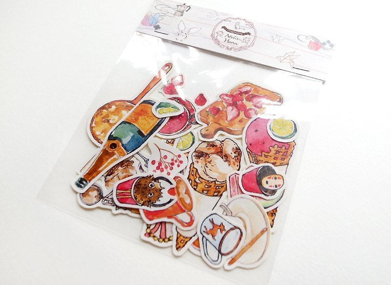 Atelier Hanu ＊Hand-painted sticker pack ＊Small animals / groceries / desserts / coffee machine (5 types in total) - Stickers - Other Materials Pink
