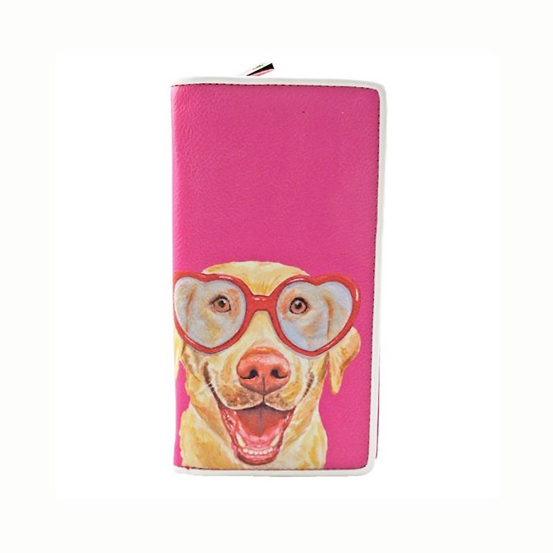 Ashley. M - Labrador Dog With Heart Sunglasses Bi Fold Zip Around Wallet - กระเป๋าสตางค์ - หนังเทียม สึชมพู