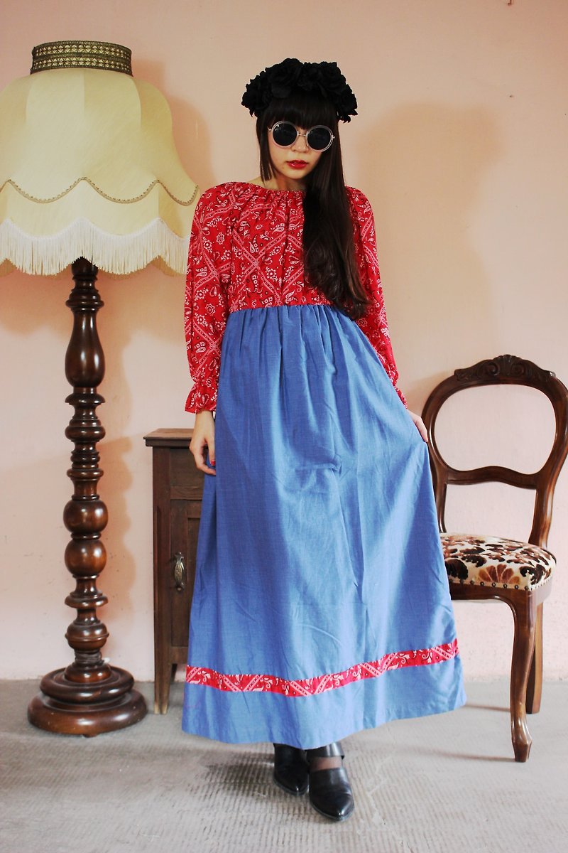 F1192 (Vintage) Red Amoeba Flower Stitching Blue Denim Dress Cotton Long Sleeve Vintage Dress (Wedding/Picnic/Party) - ชุดเดรส - วัสดุอื่นๆ สีแดง