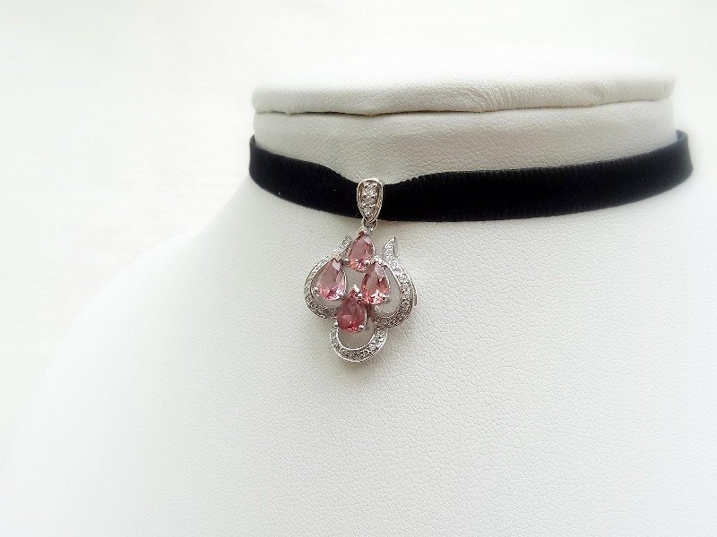 Pink Tourmaline Pear Cut w/ CZ Micro Pave Set Sterling Silver Pendant - Collar Necklaces - Gemstone Pink