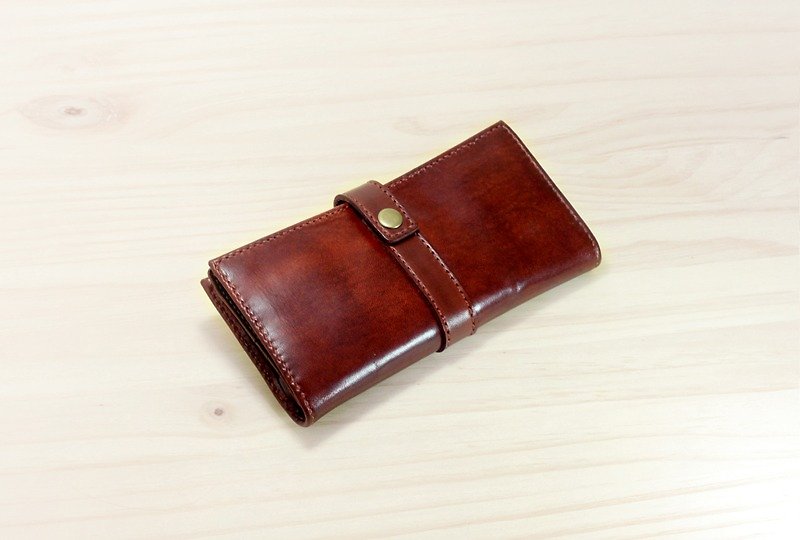 Button Strap Long Wallet - กระเป๋าคลัทช์ - หนังแท้ สีนำ้ตาล