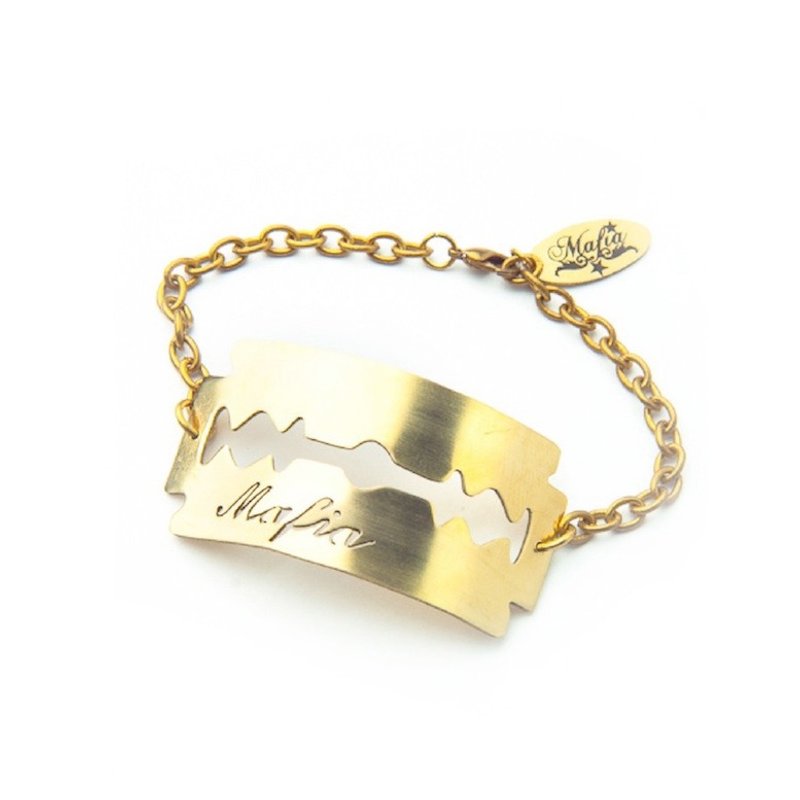 Razor blade bracelet in brass hand sawing ,Rocker jewelry ,Skull