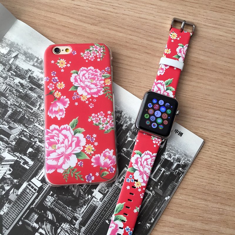 [ギフト包装] Apple Watch Series 1 、 Series 2 および Series 3 - 香港スタイルの中国の花の赤いパッテン ソフト/ハードケース + Apple Watch ストラップ バンド - その他 - その他の素材 