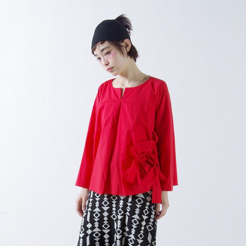 Ferrule red bow blouse - imakokoni - Women's Tops - Cotton & Hemp Red