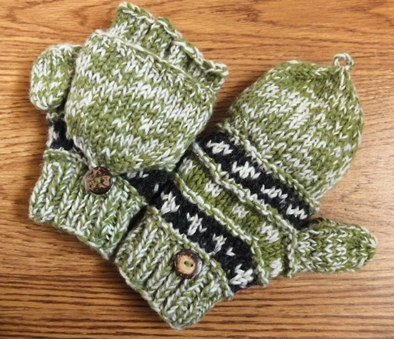 Handmade Wool Mittens, Convertible Mittens, Fingerless Mittens, Wool Gloves - ถุงมือ - ขนแกะ สีเขียว