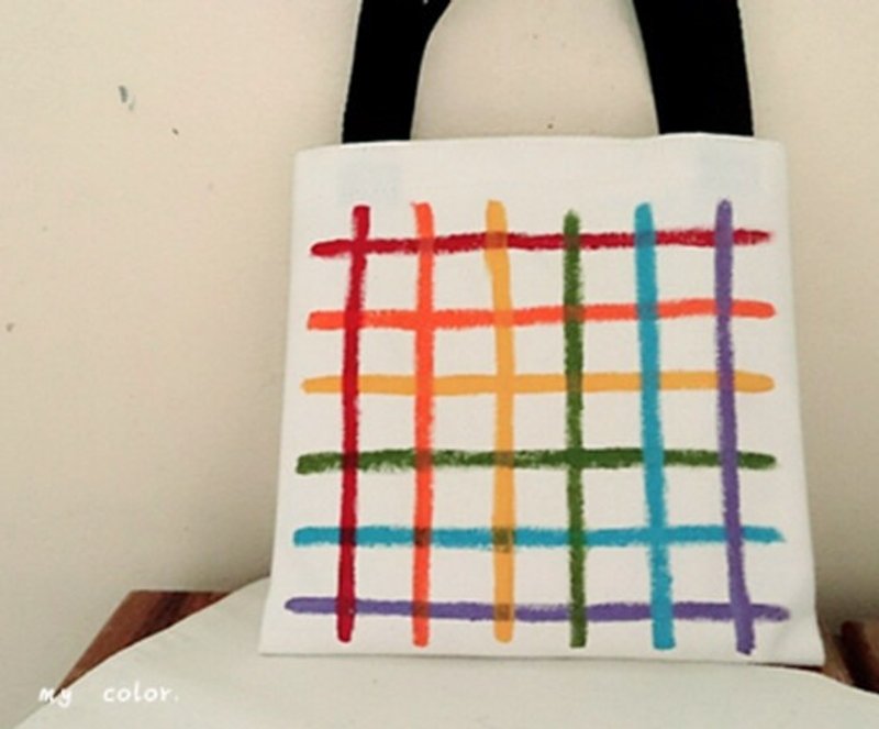 【Pure hand-painted】 small bag | canvas bag | little stripe lattice - Handbags & Totes - Other Materials Multicolor