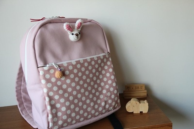 Pink backpack, canvas wool rabbit cute version children's backpack, travel bag, bell charm - Backpacks - Other Materials Pink