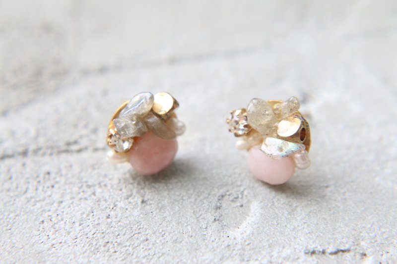 蛋白石 天然石 耳環 (0333)草莓慕斯 - 耳環/耳夾 - 寶石 粉紅色