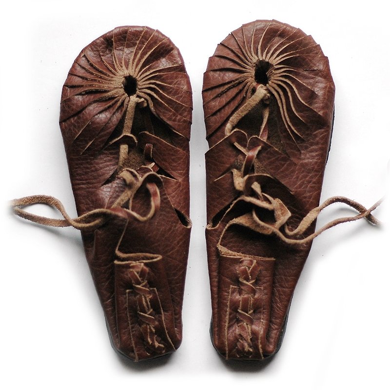 Flat shoes handmade leather embossed coffee 2} {23-24cm - รองเท้าลำลองผู้หญิง - หนังแท้ สีนำ้ตาล