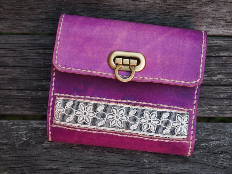 蕾絲手工錢包 Leather & Lace Coin Purse Wallet - 錢包/皮夾/長短夾 - 真皮 紫色