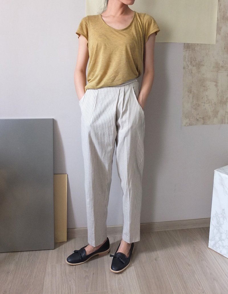 Beige cotton trousers oblique fold stripes Lun - Women's Pants - Other Materials 