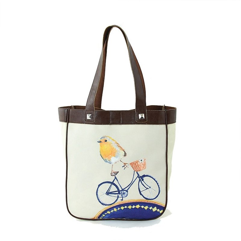 Sleepyville Critters - riding bicycle bird Fabric Tote Bag - กระเป๋าแมสเซนเจอร์ - วัสดุอื่นๆ สีกากี