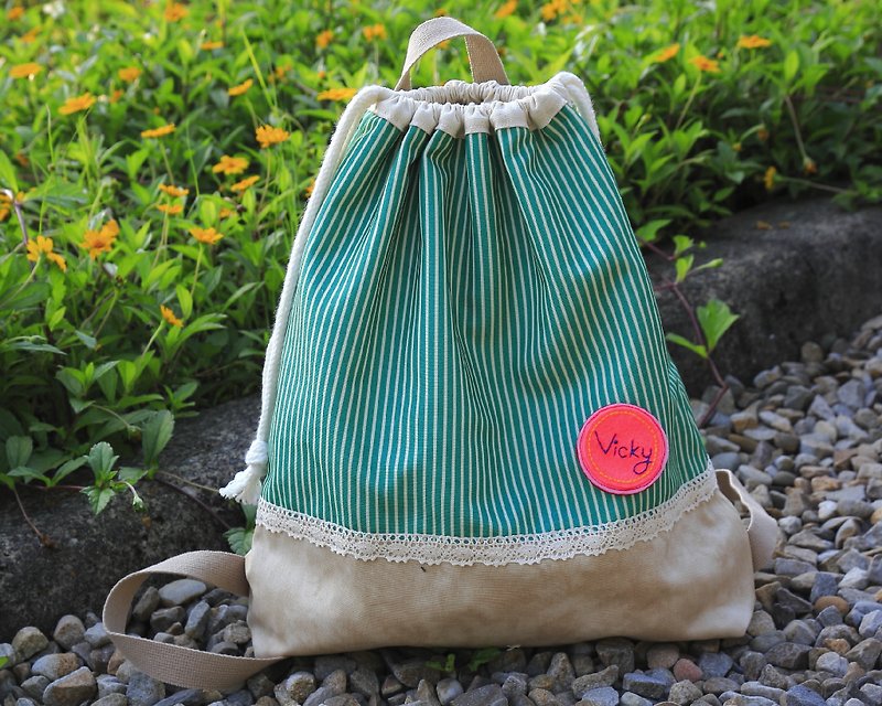 Pu. Leimi Japanese hand-made caramel Little Pea backpack / tote / shoulder bag (cloth out of print, limited edition merchandise last one) after the beam port - Drawstring Bags - Other Materials Green