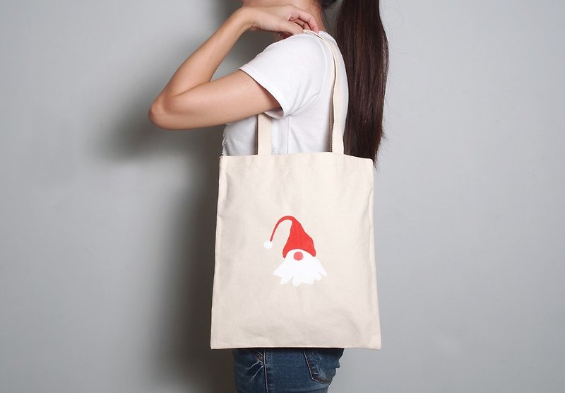 Hand-painted hand-printed cloth bag [Santa Claus] single-sided pattern portable/shoulder - กระเป๋าแมสเซนเจอร์ - ผ้าฝ้าย/ผ้าลินิน สีแดง