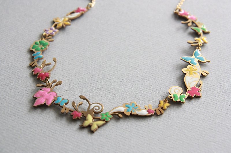 Colorful Flowers and Butterflies Illustration Necklace - Necklaces - Other Metals Gold
