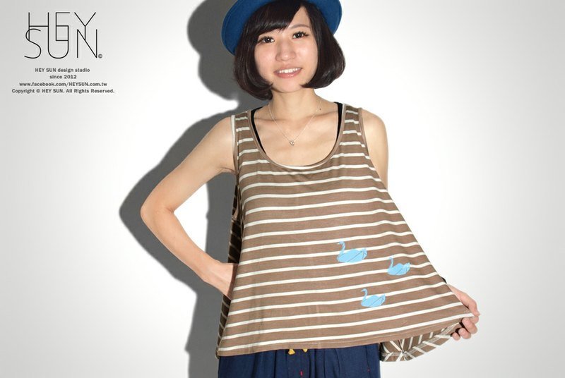 [M0317] HEY SUN independent hand-made brand ‧ Swan Lake Swan friends travel together umbrella skirt short in front long striped vest - Women's Vests - Other Materials Brown