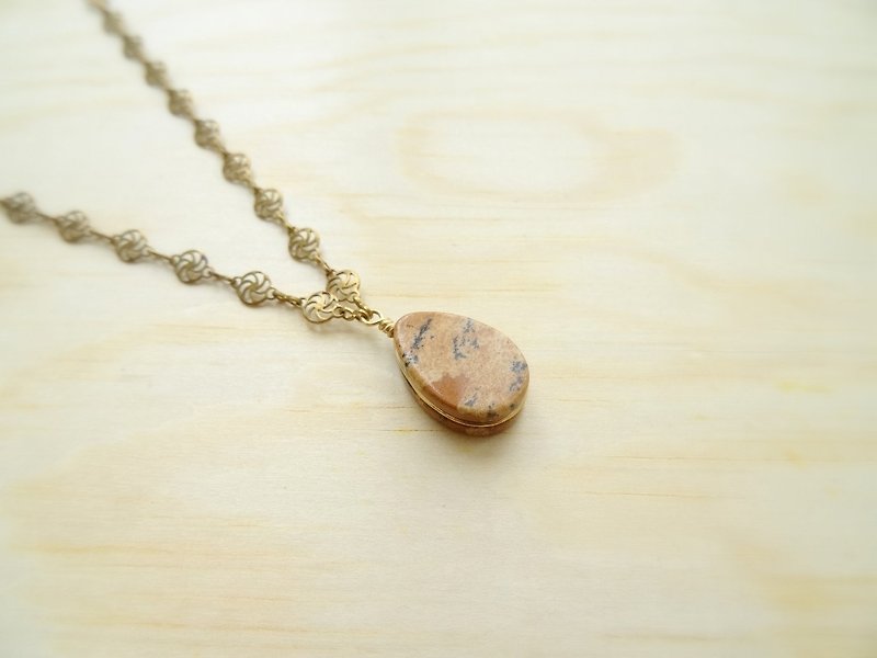 Picture Jasper Teardrop Flat Filigree Antique Bronze Necklace | Downton Autumn - Necklaces - Gemstone Khaki