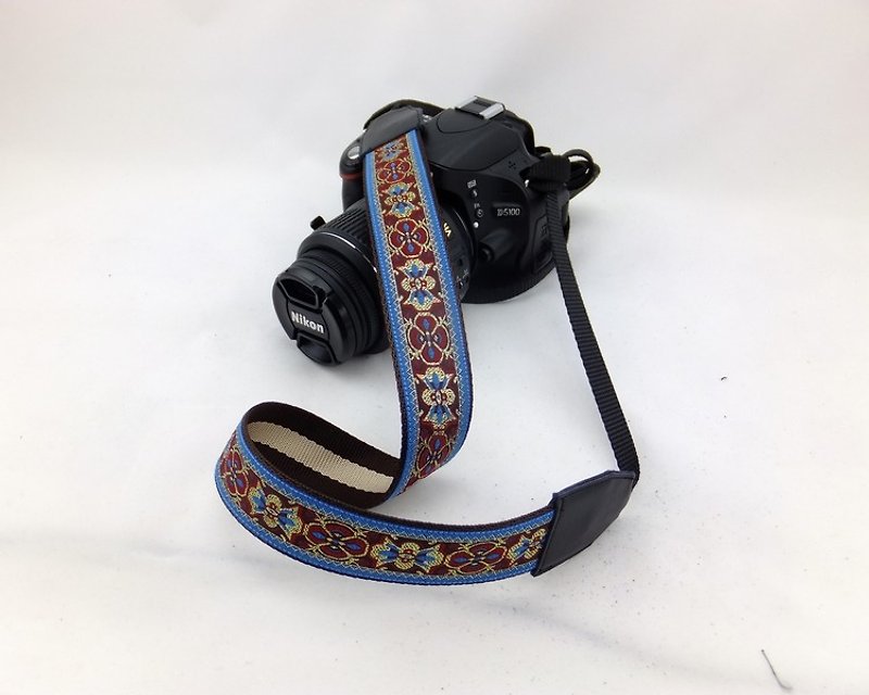 相機背帶 個性客製 可印字 真皮拼接 刺繡花紋  民族風038 - 相機背帶 - 紙 藍色