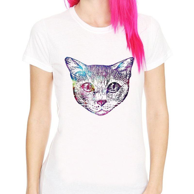 Cosmic Cat#2 Girls Short Sleeve T-shirt-White Cat Universe Design Milky Way Fashionable Round Triangle Wenqing - Women's T-Shirts - Other Materials White