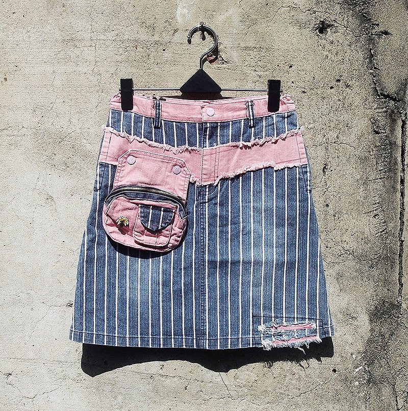 Stripe splicing block geometric pink pocket denim skirt retro vintage - dislocation vintage - - Skirts - Other Materials Blue
