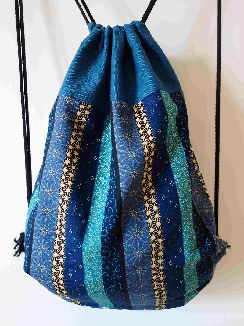~ M + Bear ~ Vintage Drawstring Backpack (blue stripe retro sample) - Drawstring Bags - Other Materials Blue