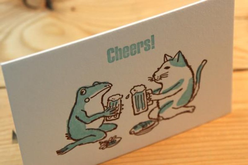 活版グリーティングカード　猫とカエルが乾杯　ブルーグリーン　2枚セット - 卡片/明信片 - 紙 