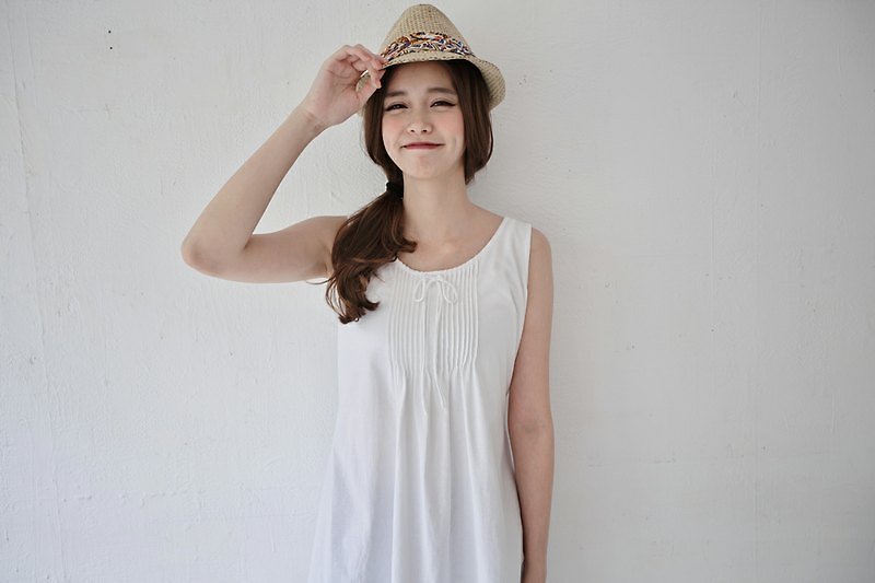 ◆ SUMI PLUS + hand-made series. ◆ 3SF220_ neck vest dress pleated pure white - Women's Vests - Cotton & Hemp White