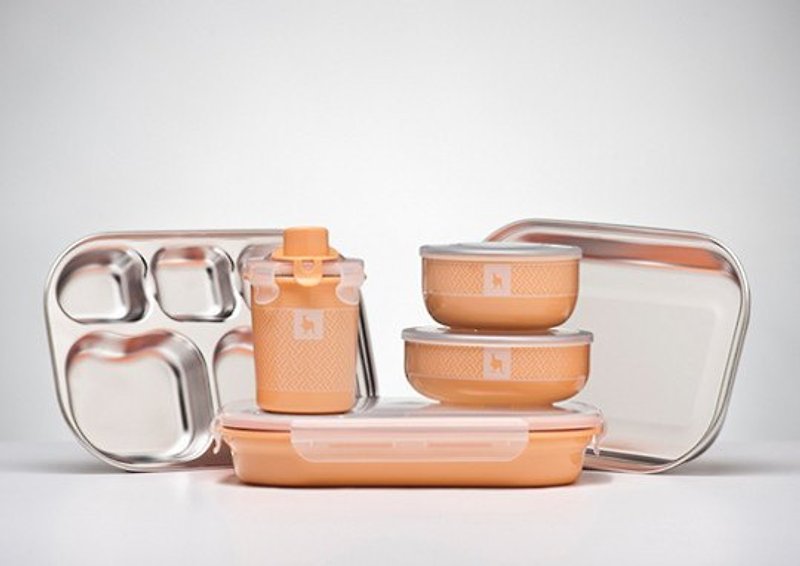[Environmental tableware] Kangovou Stainless Steel safe children's tableware set-cream orange - จานเด็ก - สแตนเลส สีส้ม